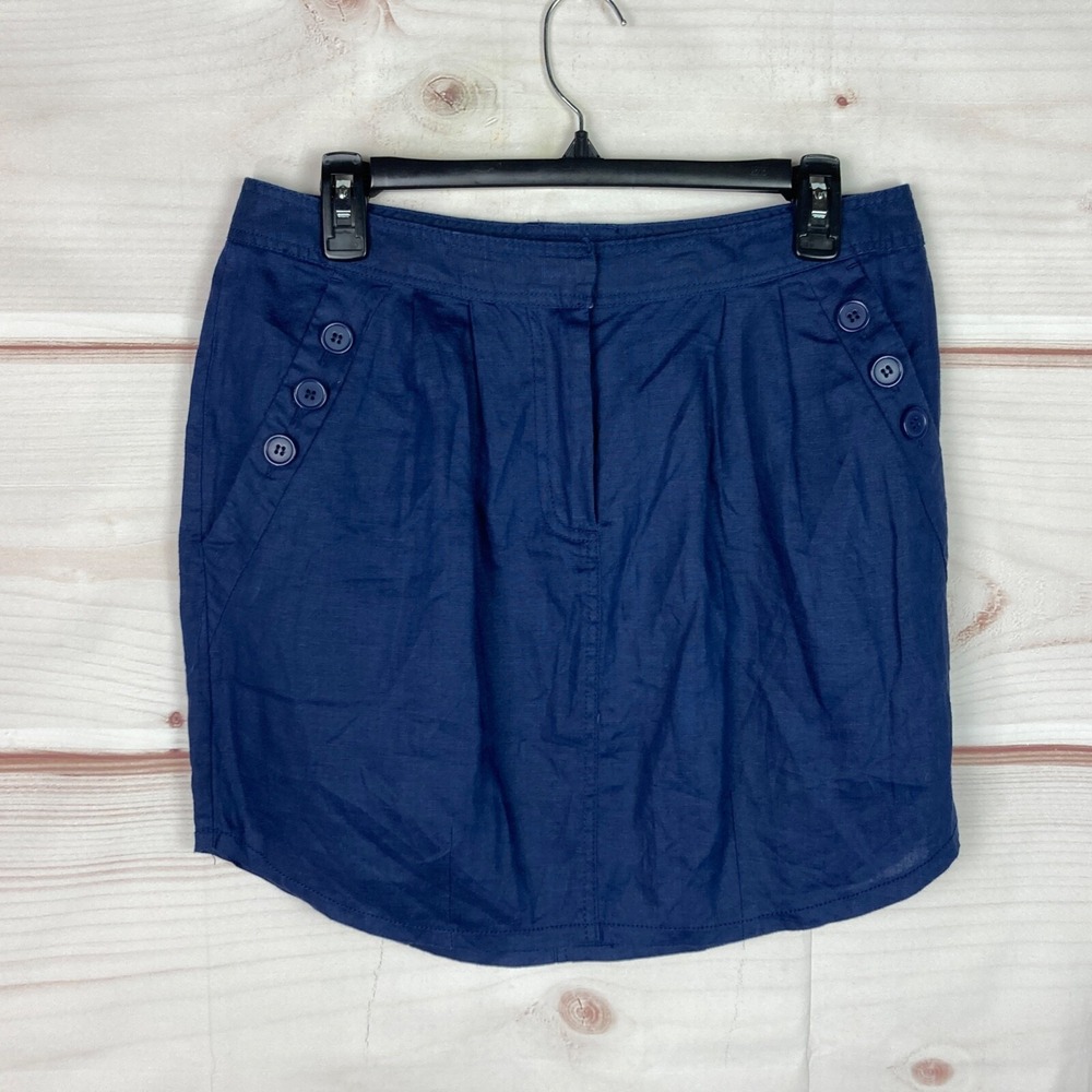 Cynthia Rowley Skirt Womens 10 Blue Pleated A-Line 100% Linen Mini Pockets Solid
